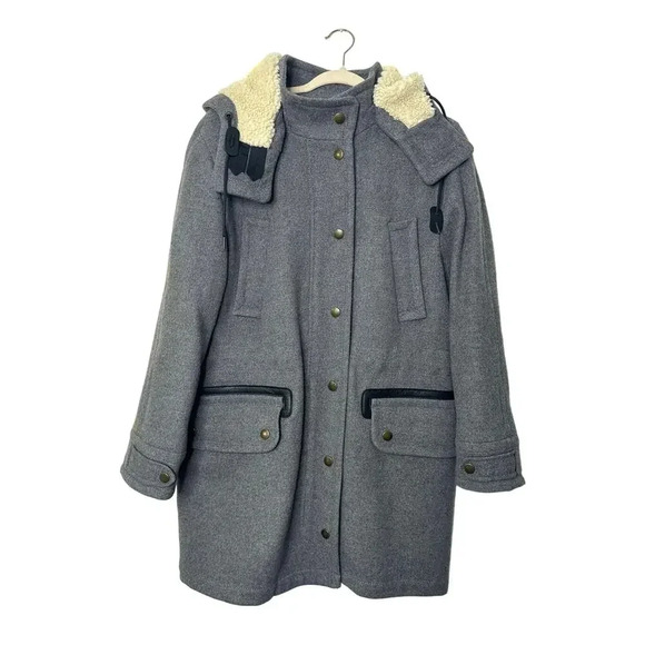 Coach Women’s Granite Gray Wool Coat Jacket With Hoodie And Leather Trims Size M - Picture 5 of 17